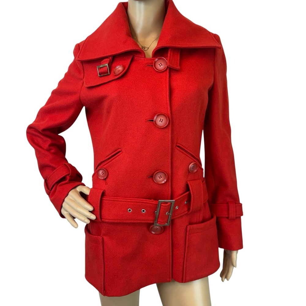 Red Wool Blend Belted Peacoat Jacket with Wide Collar and Oversized Buttons S